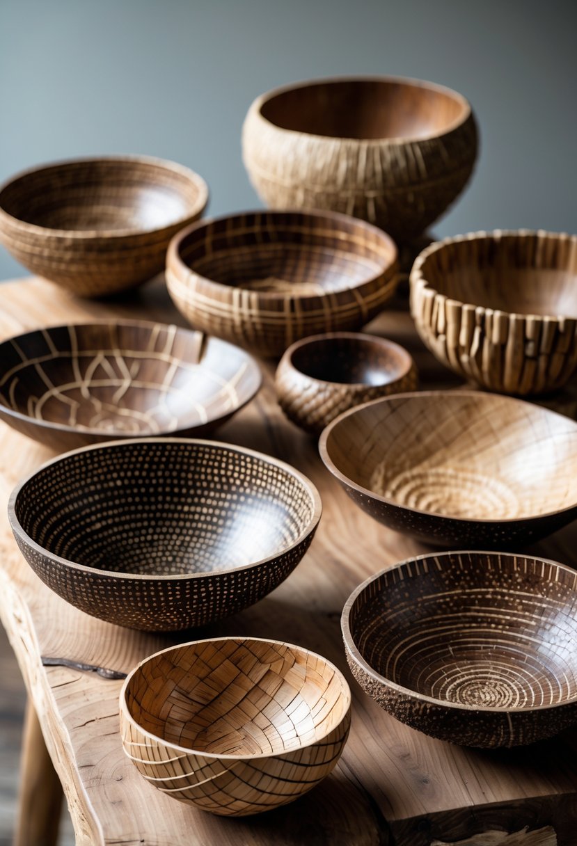 A collection of decorative bowls made from coconut husks arranged on a wooden surface.