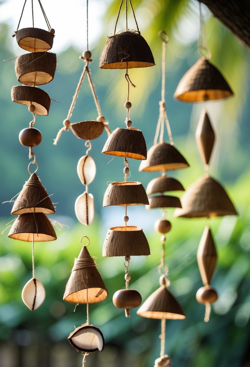 A collection of handmade wind chimes made from coconut husks hanging outdoors with greenery in the background.