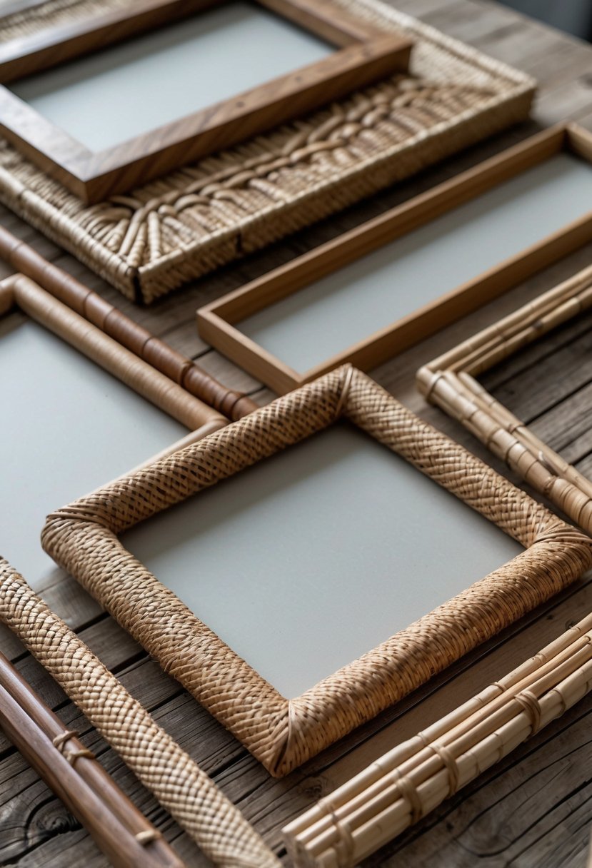 A variety of picture frames made from coconut husks arranged on a wooden surface.