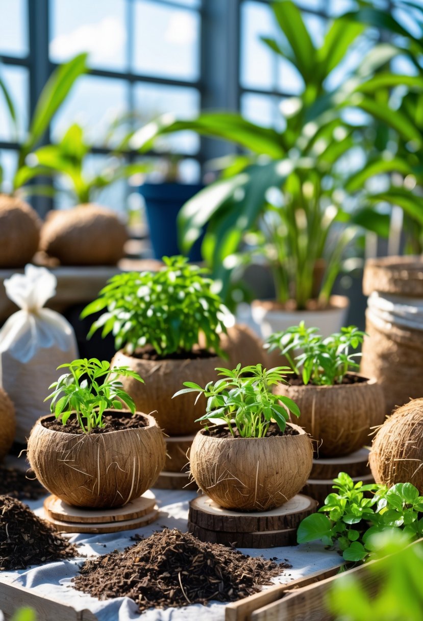 Various organic plant fertilizers and small plant containers made from coconut husks displayed with green plants in a bright indoor garden setting.