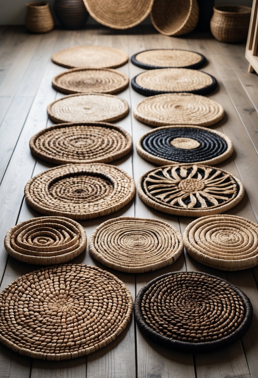 A collection of 15 uniquely designed coconut husk door mats displayed on a wooden floor.