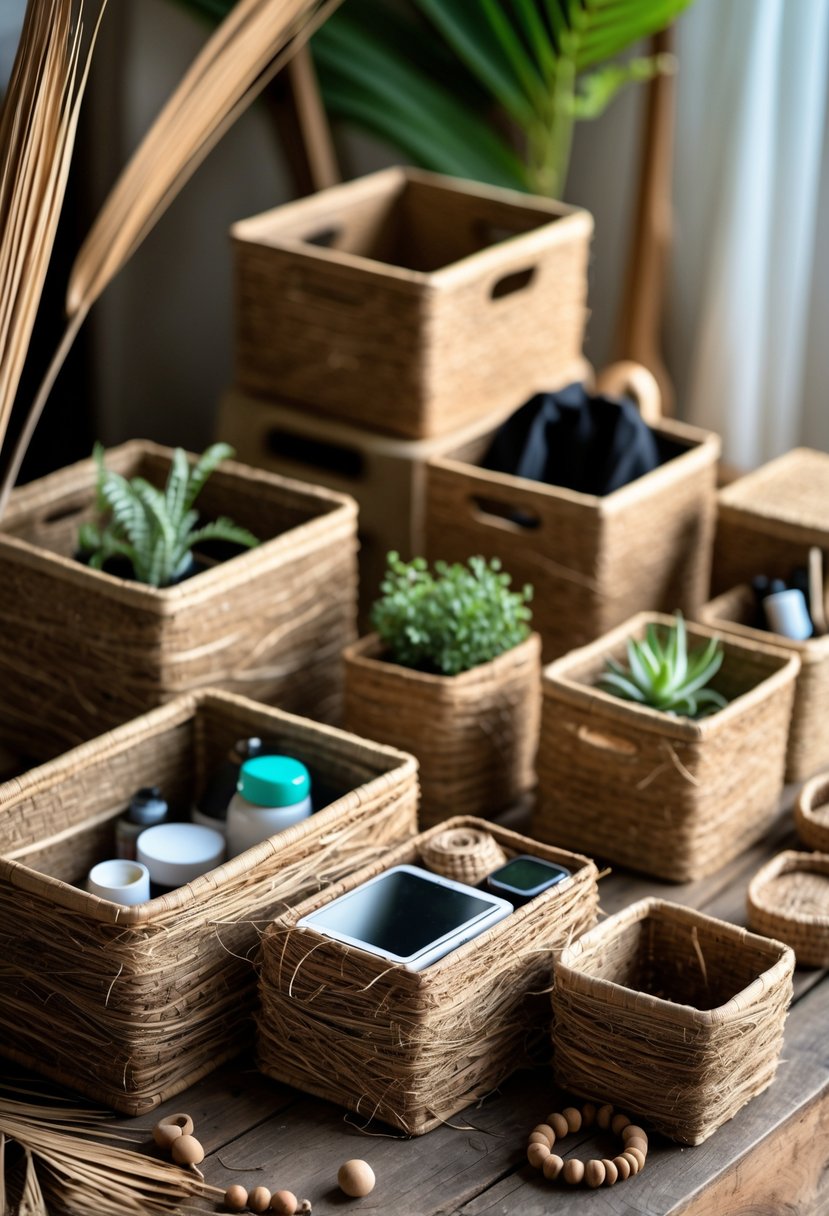A collection of upcycled coconut husk storage boxes of different sizes arranged on a wooden surface with some containing household items.