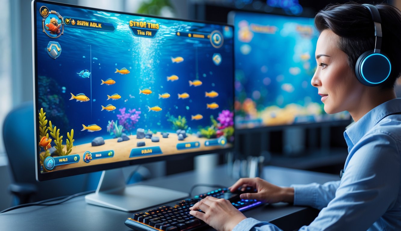 Seorang pemain dewasa sedang fokus bermain permainan menembak ikan di komputer dengan layar penuh warna dan latar belakang buram.