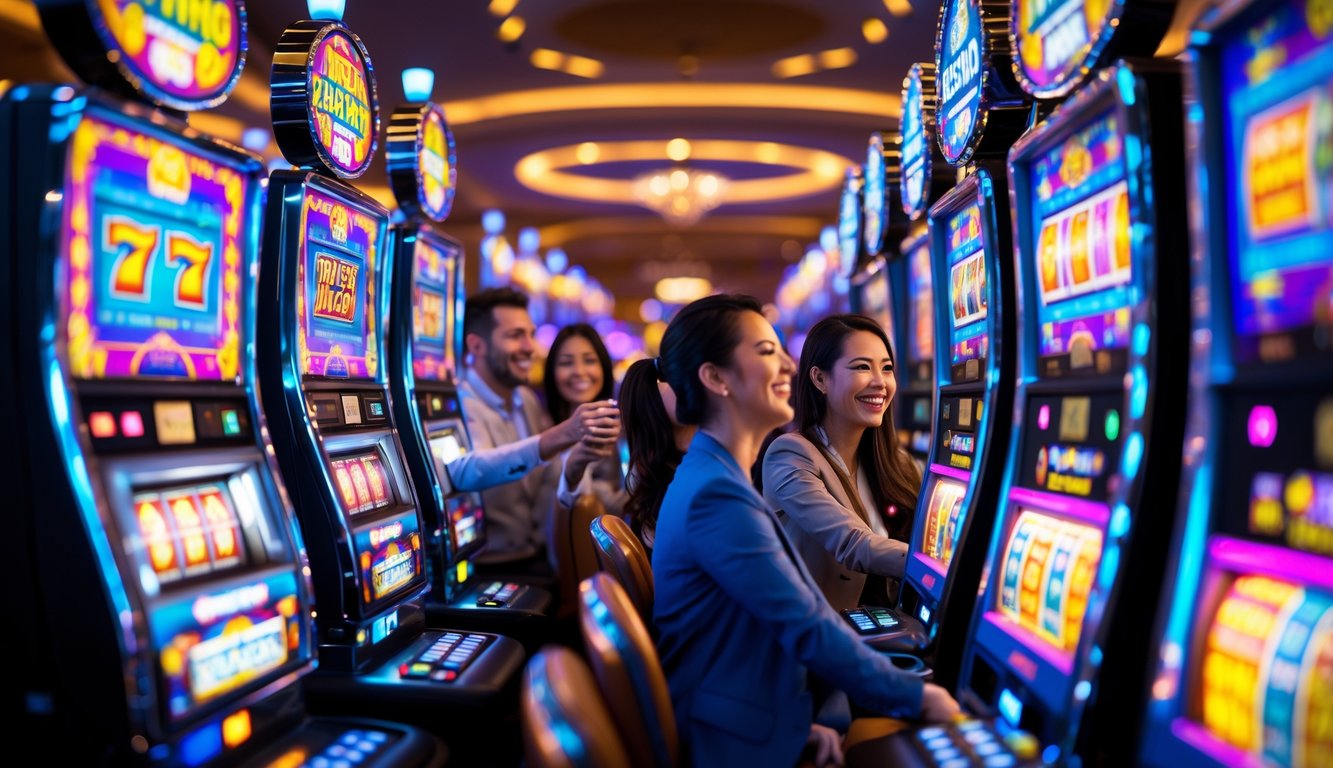 Suasana kasino modern dengan mesin slot berwarna cerah dan orang-orang bermain serta merayakan kemenangan.