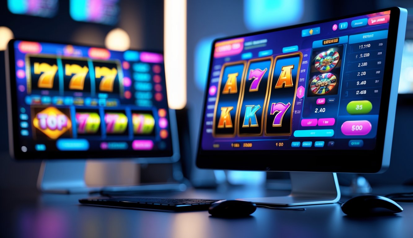 Seorang pengguna komputer dengan beberapa layar menampilkan permainan slot online berwarna-warni di lingkungan gaming digital modern.