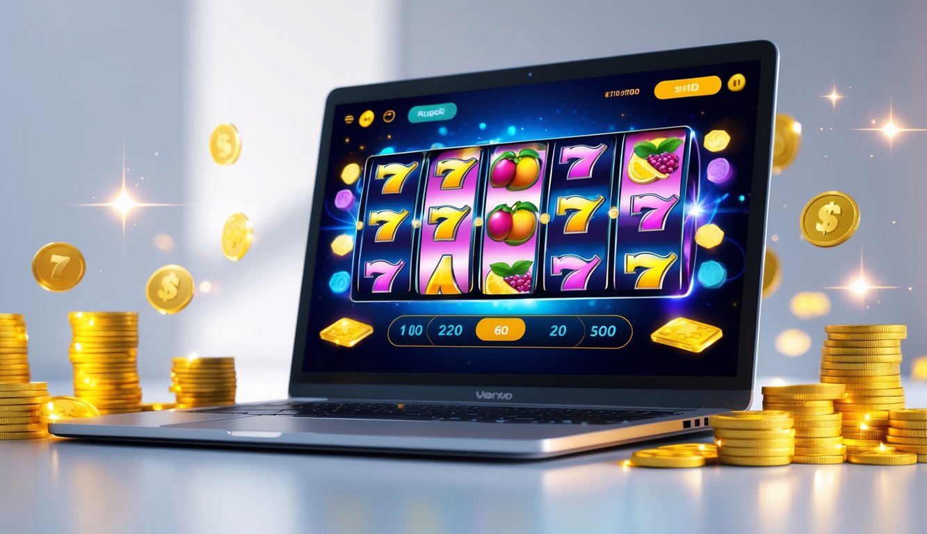 Seseorang bermain mesin slot online di depan laptop dengan koin dan chip di sekitarnya.