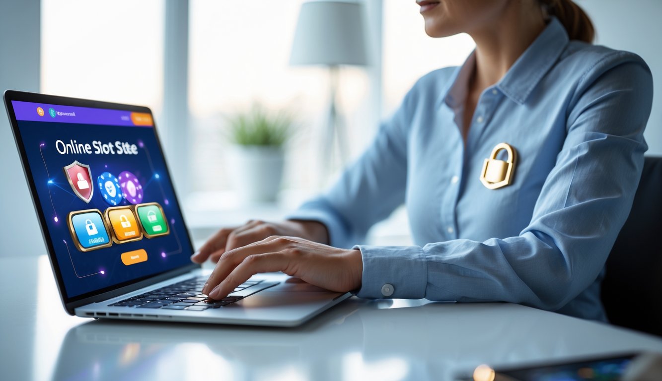Seseorang sedang memilih situs slot online yang aman dan terpercaya di depan laptop di ruang kerja modern.