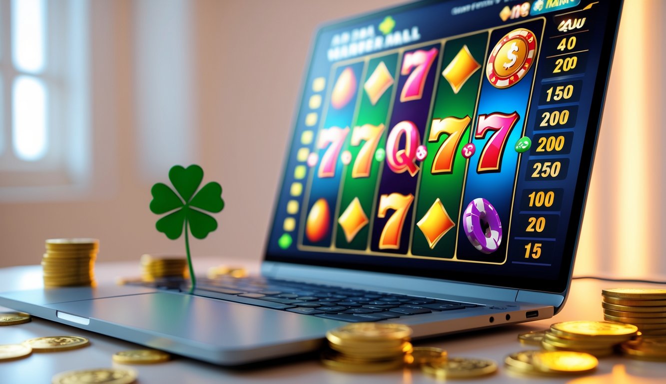 Layar komputer menampilkan permainan mesin slot dengan koin emas dan chip poker di sekitarnya.