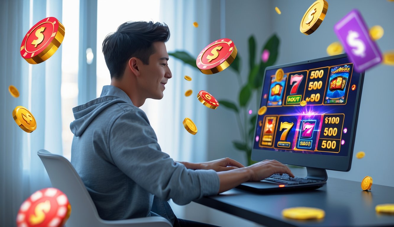 Seorang pemain muda duduk di depan laptop yang menampilkan permainan slot online dengan ikon warna-warni di sekitarnya.