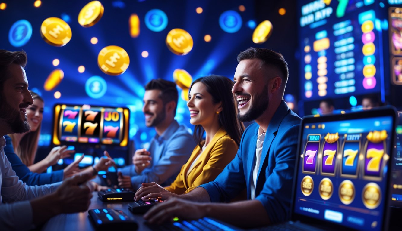 Beberapa orang bermain game slot online di komputer dan perangkat mobile dalam suasana kasino modern yang cerah dan dinamis.
