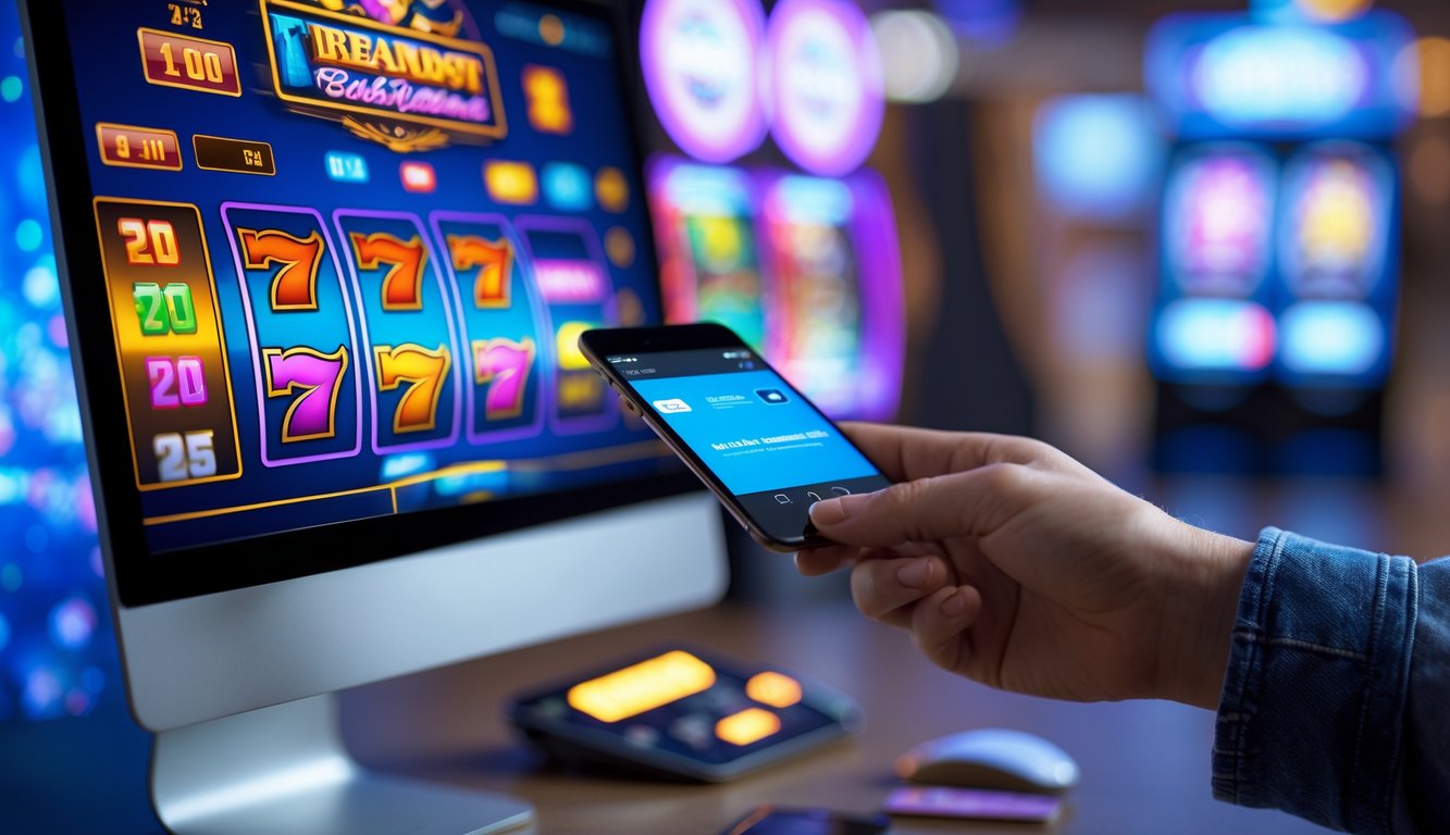 Tampilan layar perangkat dengan permainan slot digital dan tangan yang melakukan pembayaran cepat menggunakan ponsel.
