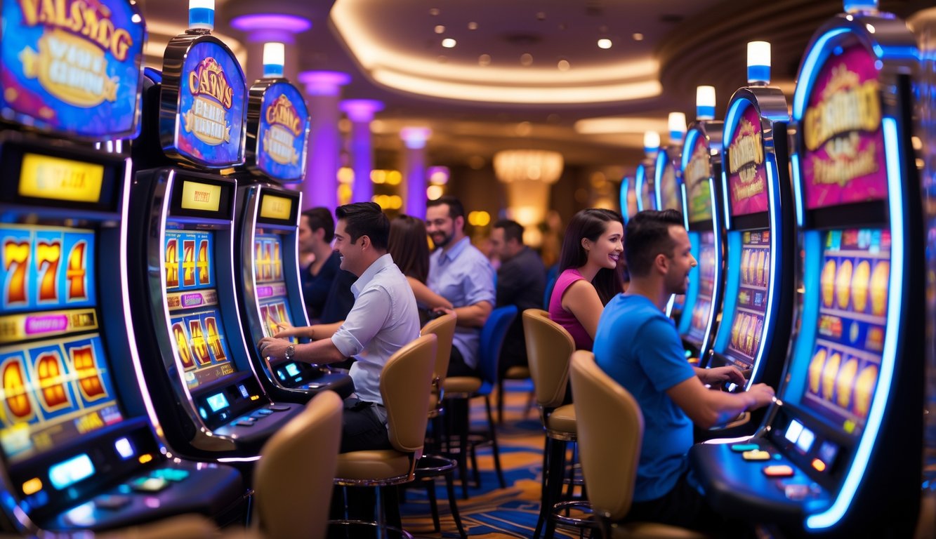 Area mesin slot di kasino dengan beberapa orang yang sedang bermain dan terlihat antusias.
