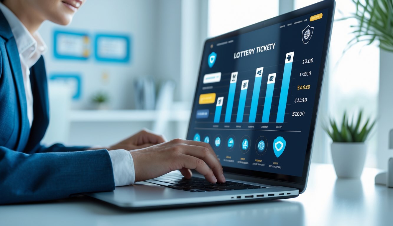Seseorang menggunakan laptop di kantor yang rapi dengan tampilan antarmuka platform lotere online yang aman dan terpercaya.