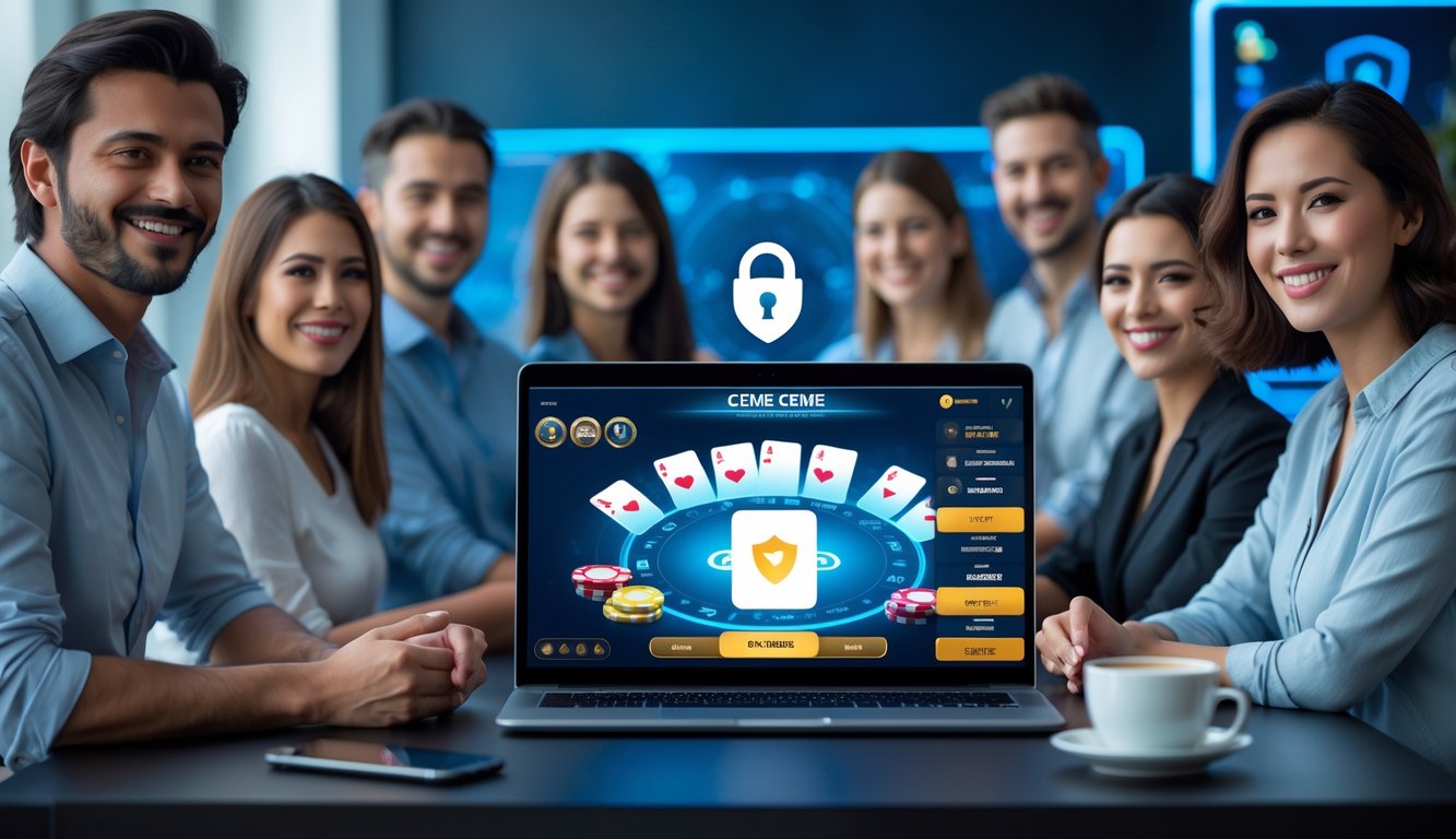 Orang-orang sedang bermain permainan kartu online di laptop di sebuah meja kerja yang rapi dan modern.