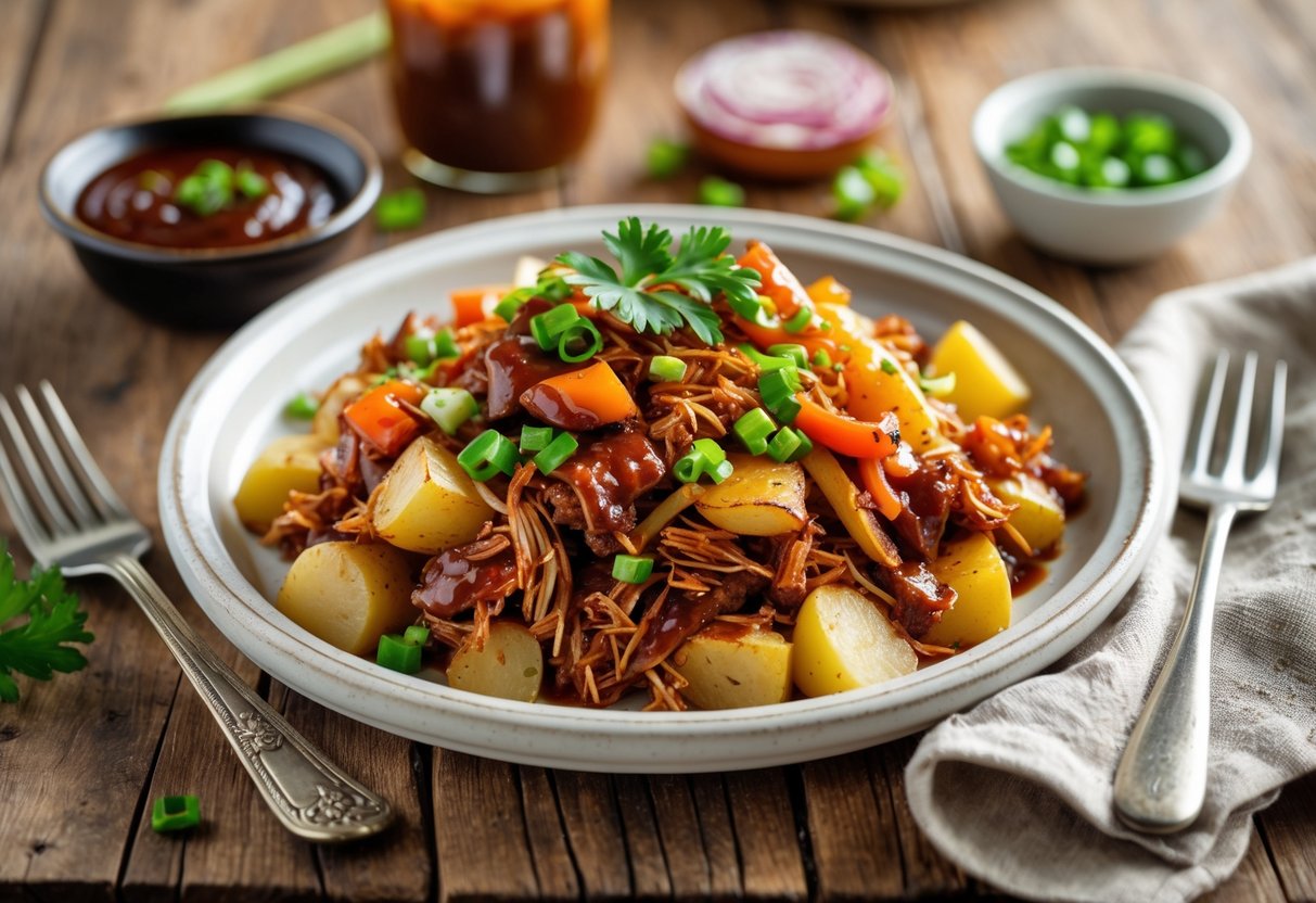 A plate of barbecue hash with shredded pork, potatoes, onions, and peppers garnished with green onions on a wooden table.