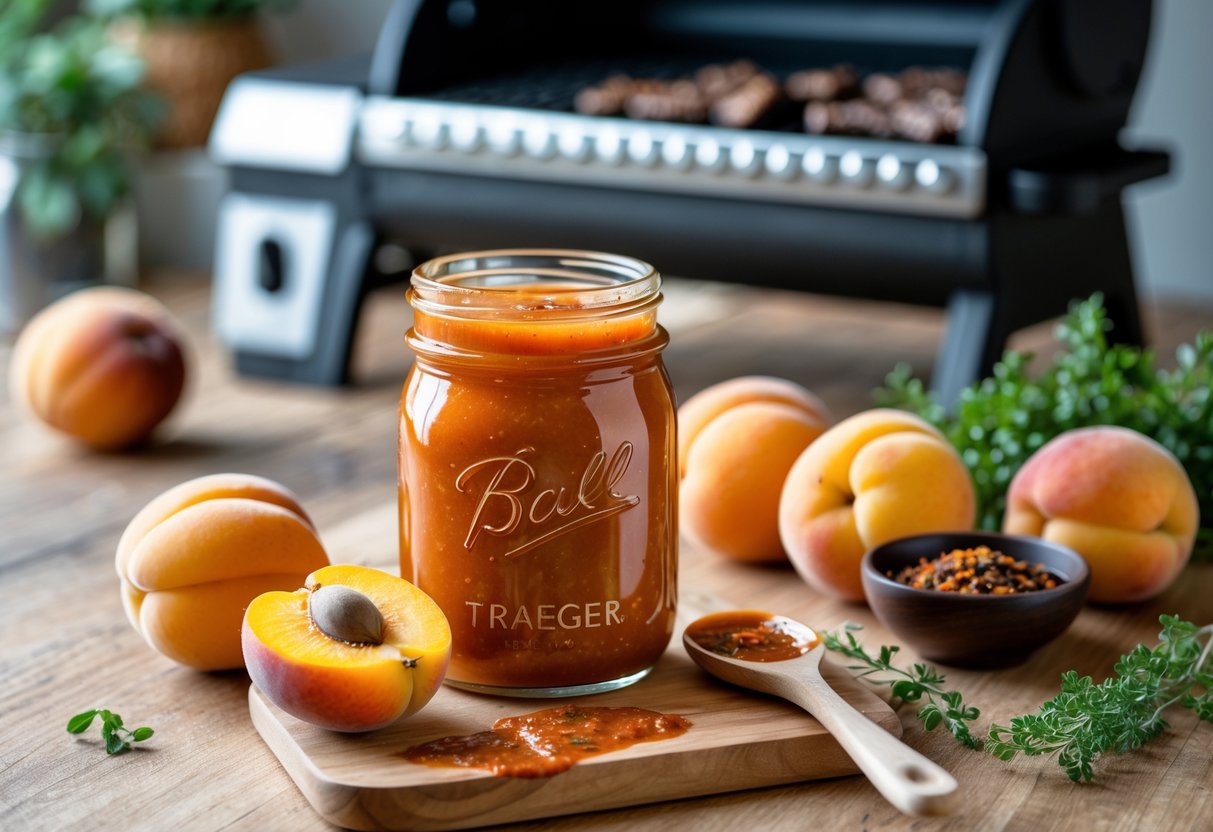 A jar of apricot BBQ sauce surrounded by fresh apricots, a wooden spoon with sauce, spices, and a Traeger grill in the background.