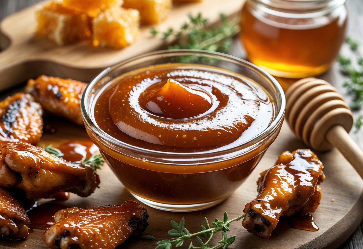 A bowl of honey BBQ sauce with glazed chicken wings, honeycomb pieces, and fresh herbs arranged on a wooden surface.