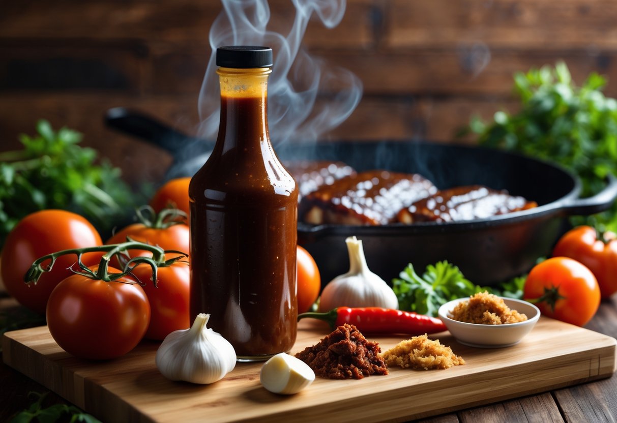 A bottle of dark barbecue sauce surrounded by fresh ingredients and grilled ribs on a wooden board in a kitchen.