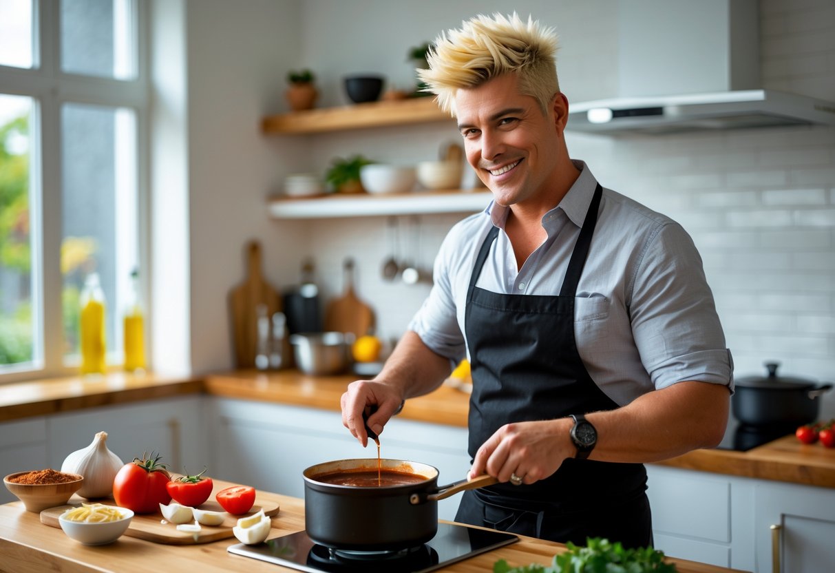 Man cooking BBQ sauce in a bright kitchen with fresh ingredients on the counter.