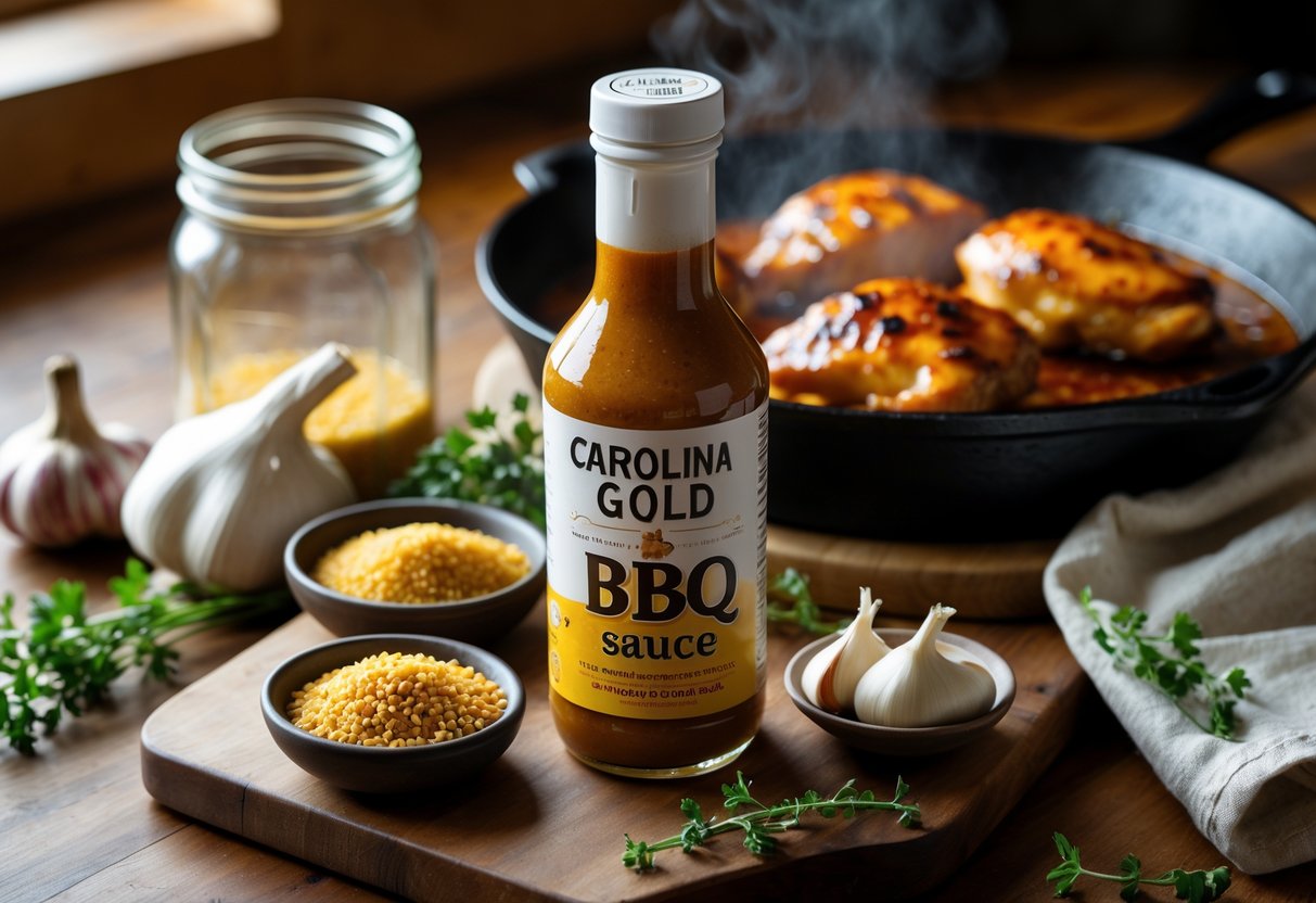 A kitchen countertop with a bottle of golden BBQ sauce surrounded by ingredients and grilled chicken in a skillet.