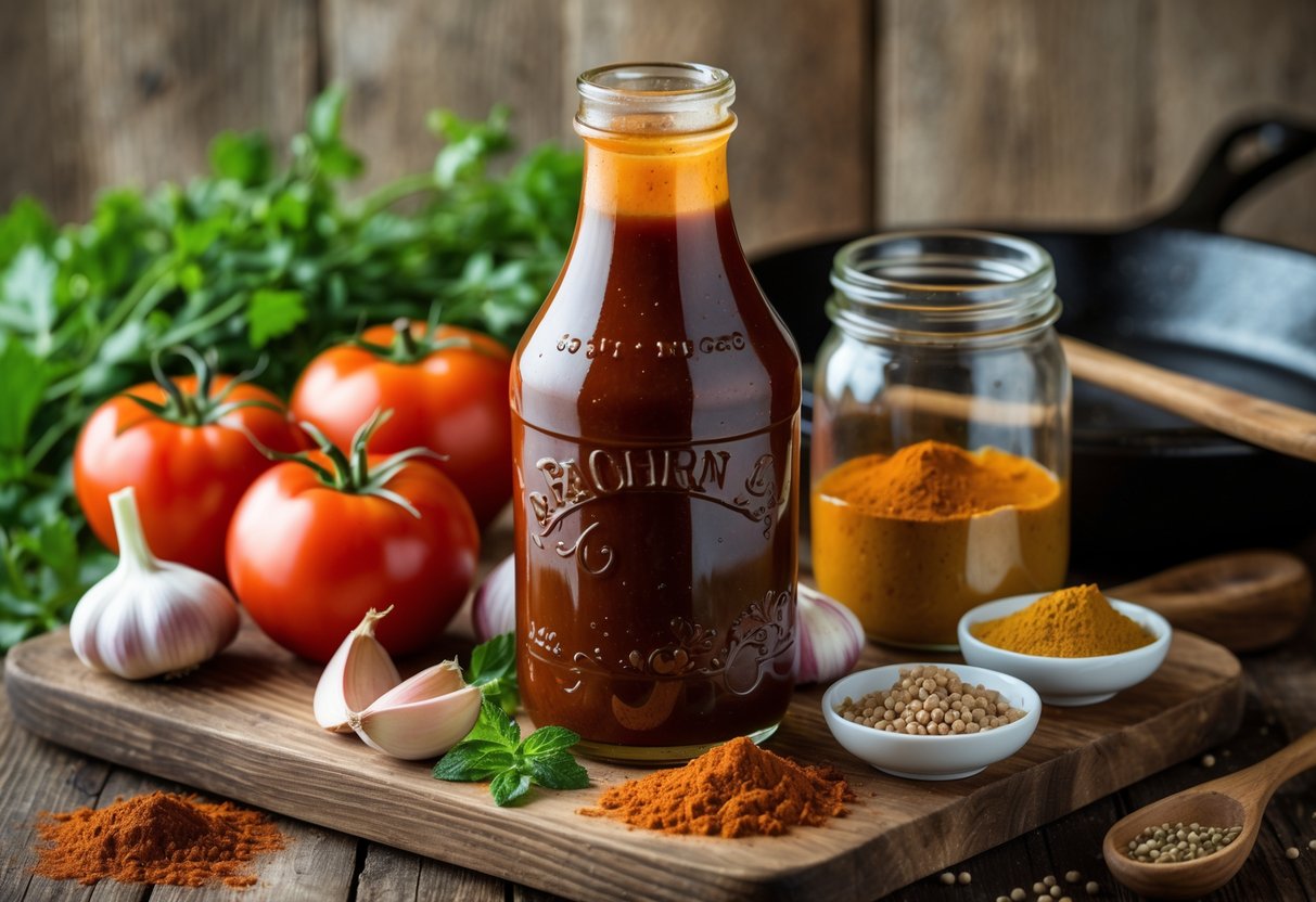 A bottle of barbecue sauce on a wooden board surrounded by fresh tomatoes, garlic, onions, brown sugar, vinegar, and spices in a kitchen setting.