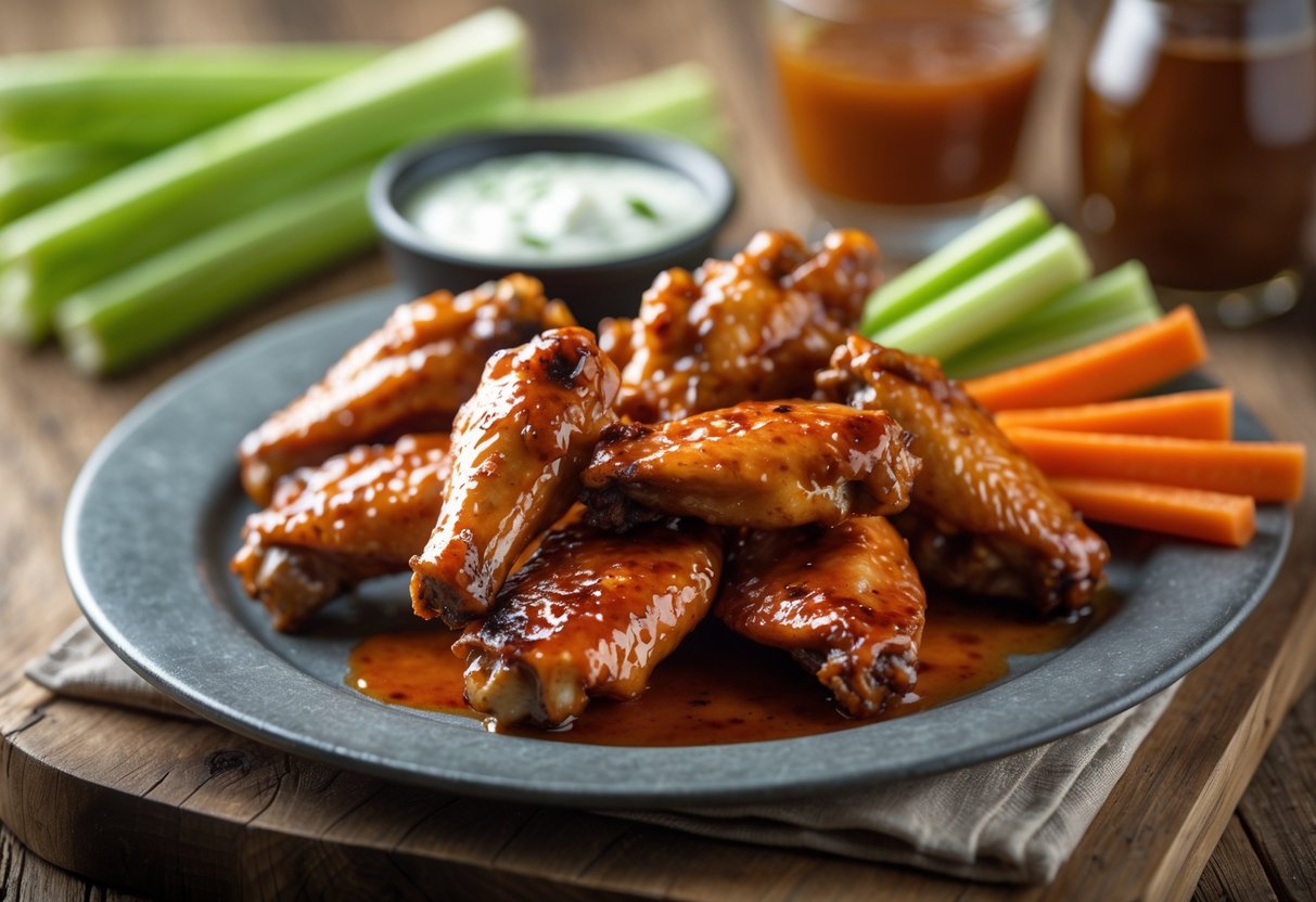 A plate of spicy BBQ chicken wings with celery and carrot sticks and a bowl of dipping sauce on a wooden table.