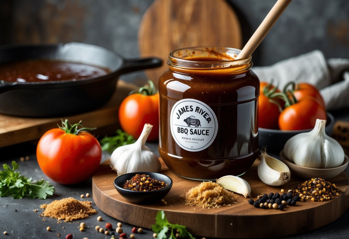 A jar of barbecue sauce with a wooden spoon surrounded by fresh ingredients like tomatoes, garlic, onions, and spices on a wooden kitchen surface.