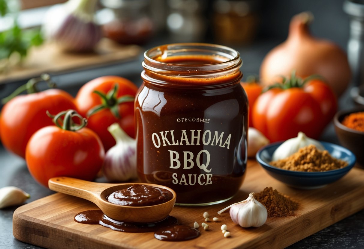 A jar of dark BBQ sauce on a wooden board surrounded by fresh tomatoes, onions, garlic, and spices in a kitchen setting.