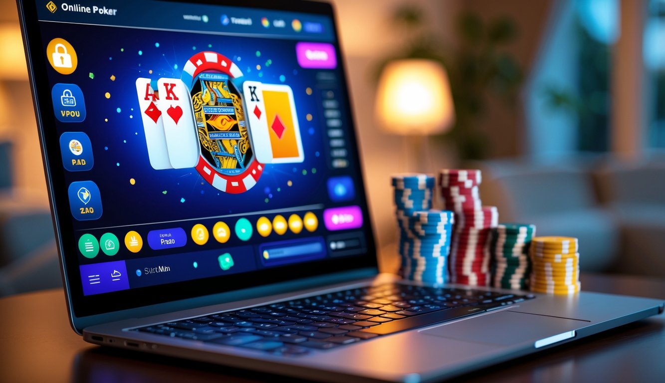 Sebuah meja dengan komputer yang menampilkan permainan poker online dan tumpukan chip poker di sampingnya.