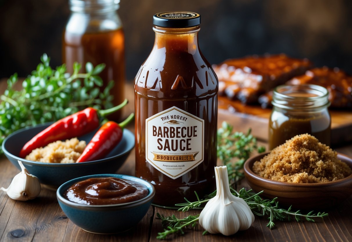 A bottle of barbecue sauce surrounded by fresh ingredients like garlic, chili peppers, brown sugar, and herbs on a wooden surface with grilled meat in the background.