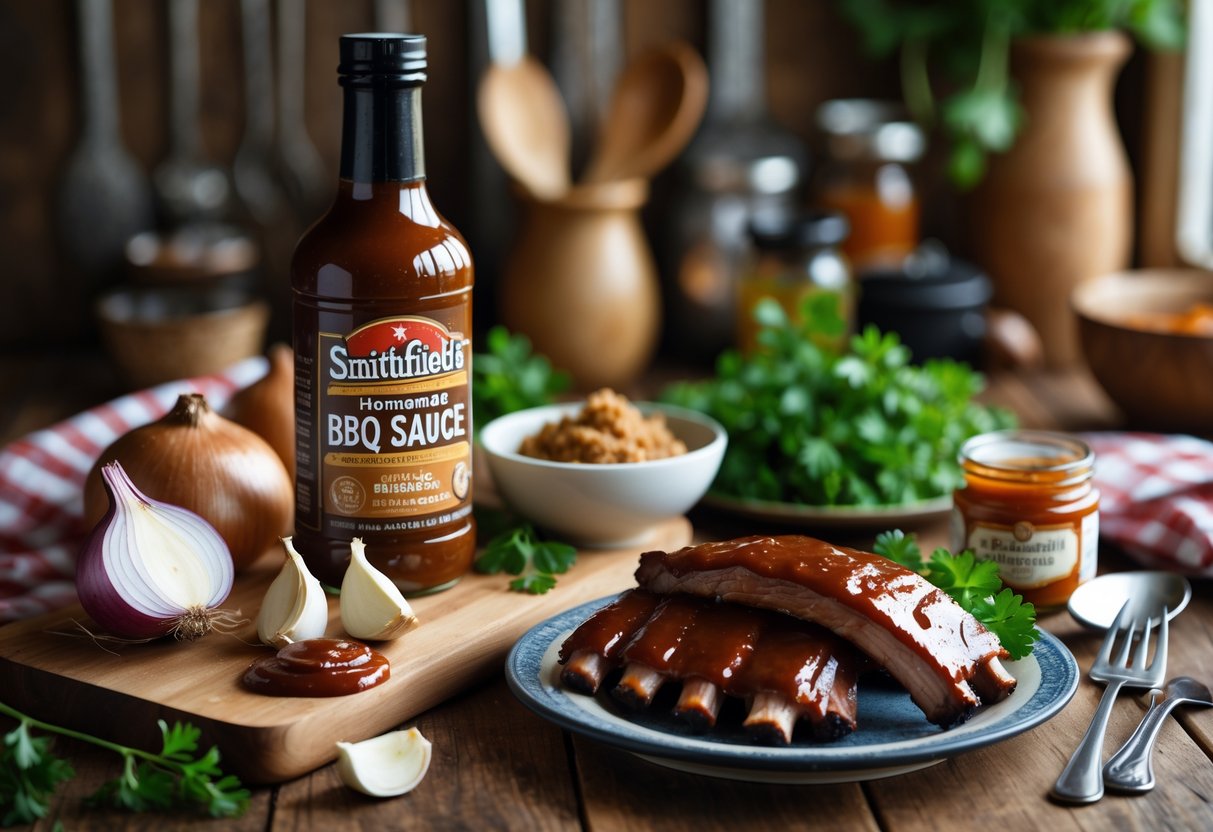 A kitchen scene with a bottle of barbecue sauce, fresh ingredients, and a plate of glazed ribs.