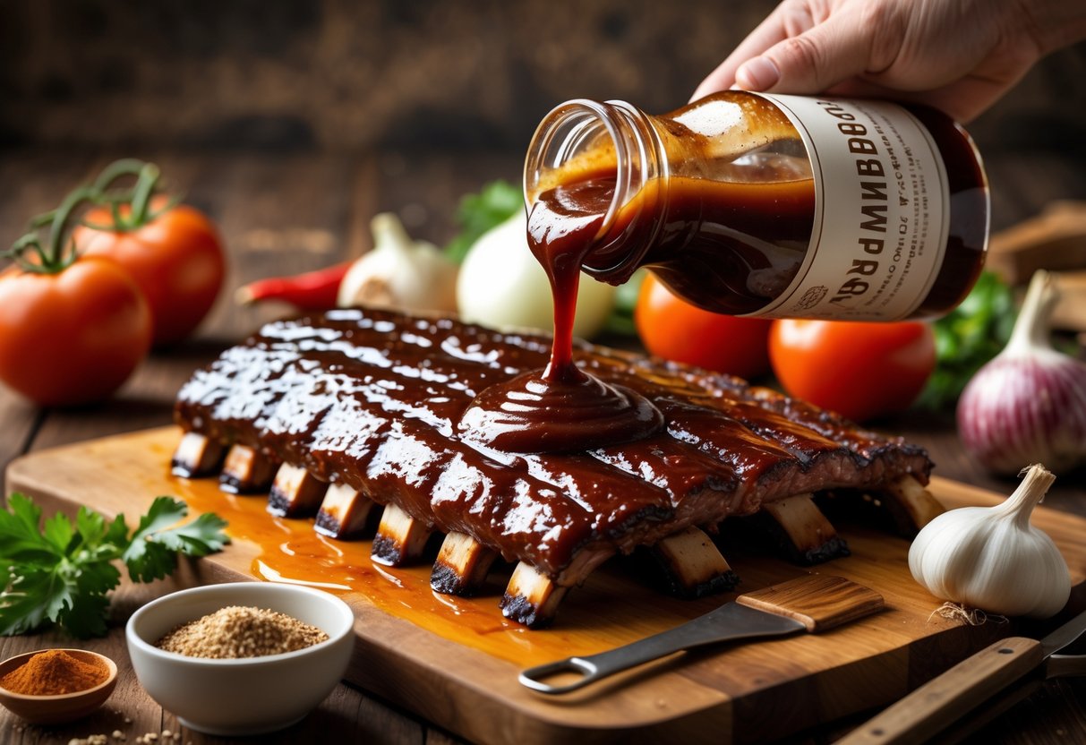 A bottle of barbecue sauce being poured over grilled ribs on a wooden board, surrounded by fresh ingredients and barbecue tools.