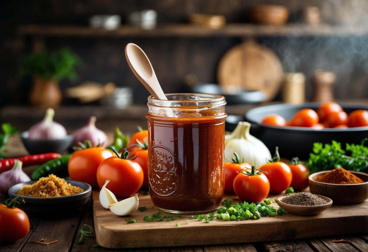 A jar of homemade BBQ sauce on a wooden table surrounded by fresh ingredients and cooking utensils in a kitchen.