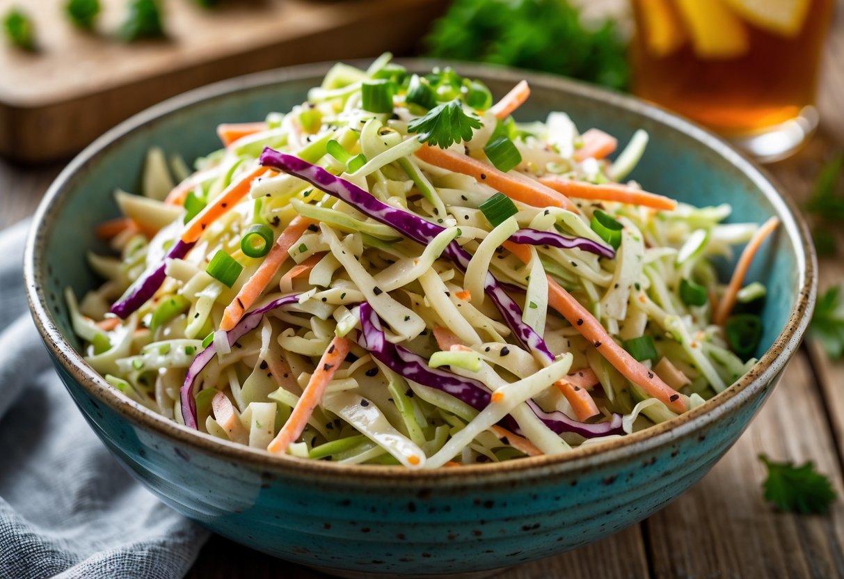 A bowl of colorful BBQ coleslaw with cabbage, carrots, and green onions on a wooden table with a blurred background.