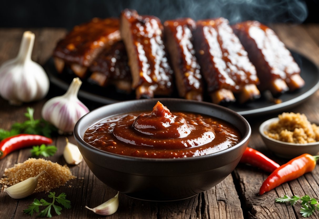A bowl of Dallas-style BBQ sticky sauce on a wooden table with fresh ingredients and grilled ribs in the background.