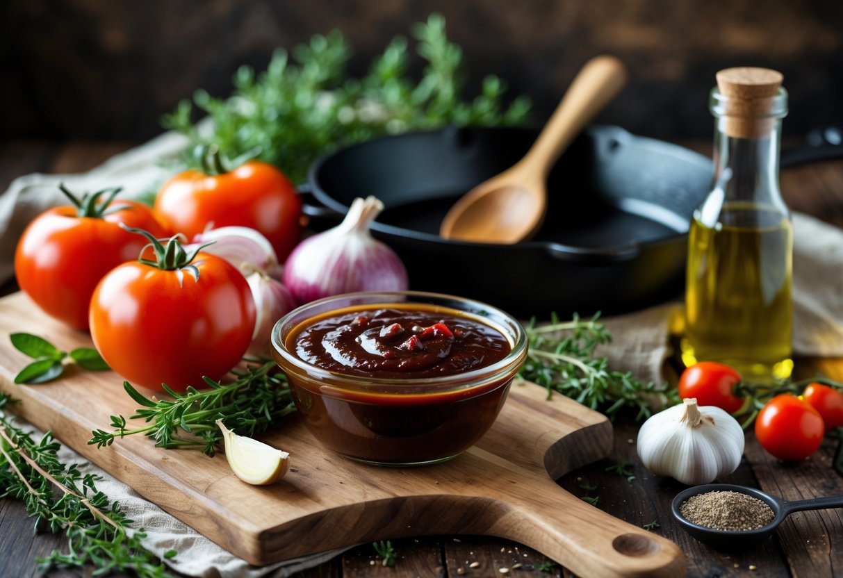 A kitchen scene with fresh ingredients and a bowl of dark BBQ sauce on a wooden cutting board.