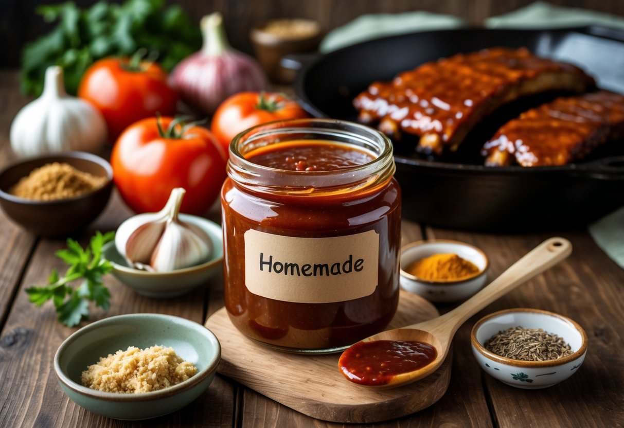 A jar of BBQ sauce on a wooden table surrounded by fresh ingredients and a wooden spoon, with grilled ribs in a skillet in the background.