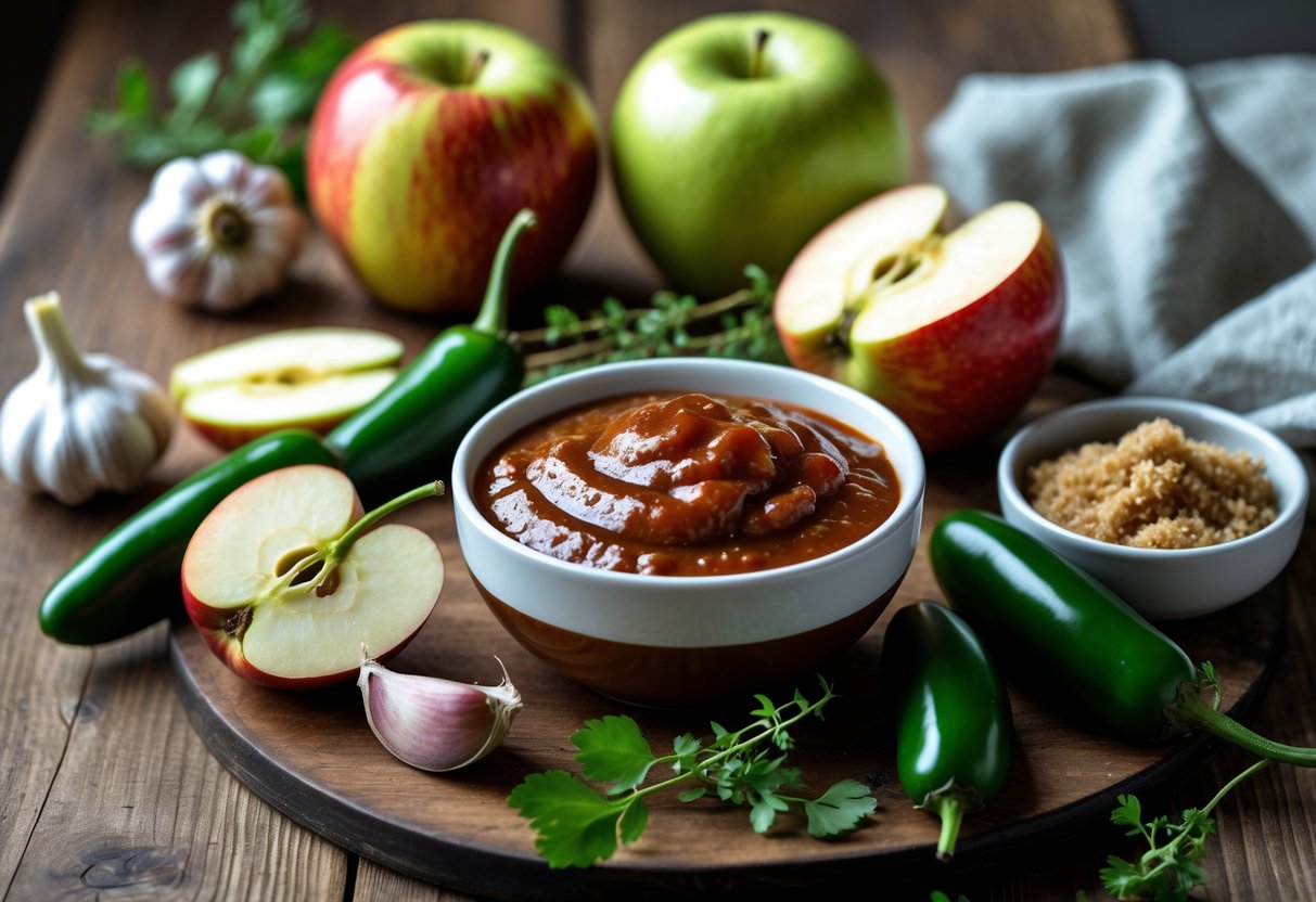 A bowl of apple jalapeno BBQ sauce surrounded by fresh jalapenos, apples, garlic, brown sugar, and herbs on a wooden table.