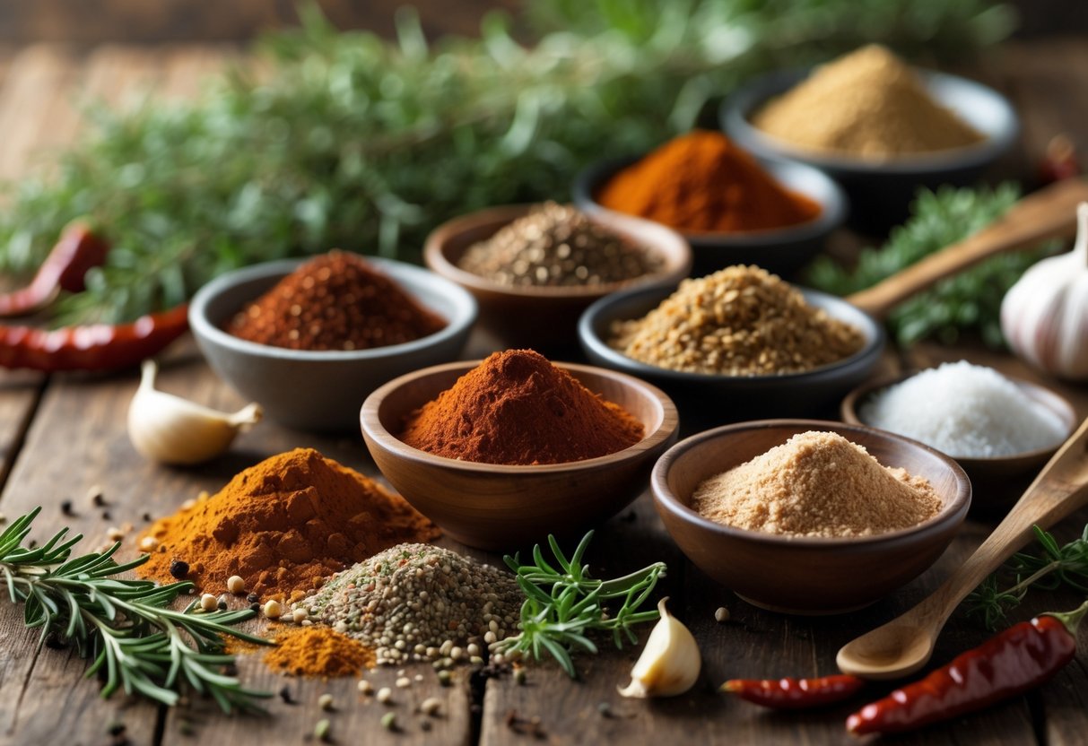 Close-up of various BBQ spices and herbs arranged on a wooden table with bowls and spoons.