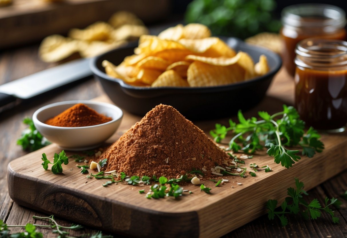 A wooden cutting board with crushed BBQ chips, a bowl of BBQ seasoning, fresh herbs, and a jar of barbecue sauce on a kitchen counter.