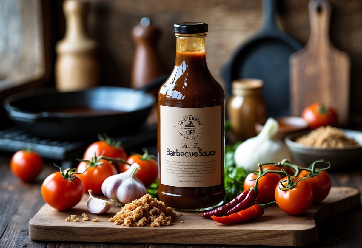 A bottle of barbecue sauce surrounded by fresh ingredients like tomatoes, garlic, onions, brown sugar, molasses, and chili peppers on a wooden cutting board in a kitchen setting.