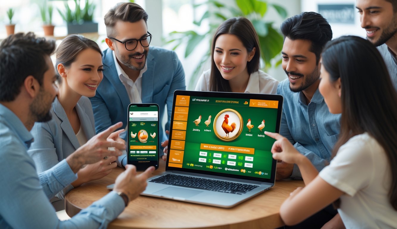 Sekelompok orang menggunakan laptop dan ponsel untuk bertaruh pada sabung ayam secara online di sebuah ruang kerja modern.