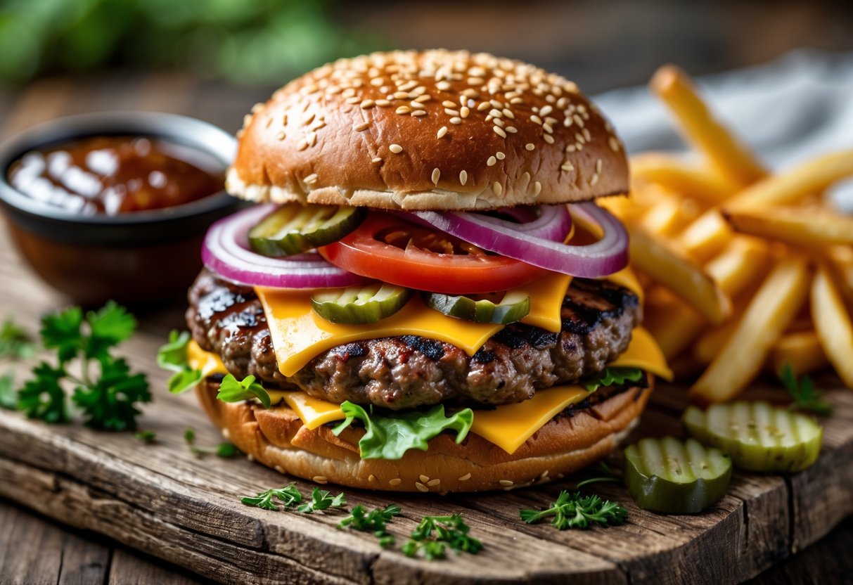 A classic grilled hamburger with cheese, lettuce, tomato, onions, and pickles on a sesame bun, served with fries and BBQ sauce on a wooden board.