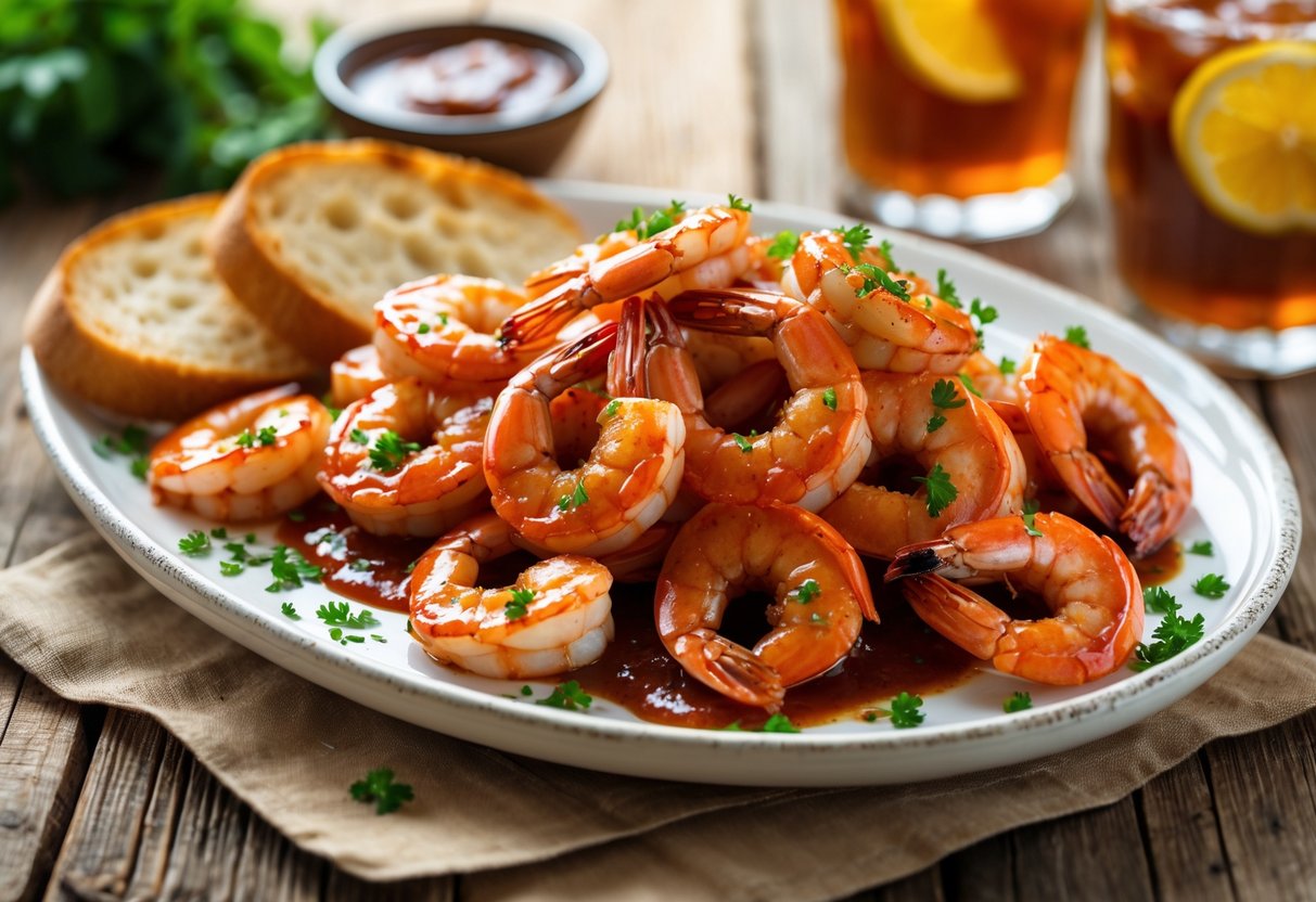 A plate of barbecue shrimp with toasted bread on a wooden table, accompanied by a bowl of sauce and a glass of iced tea.