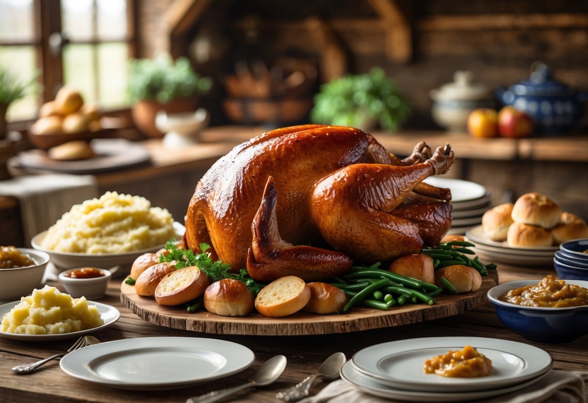 A roasted turkey glazed with BBQ sauce on a wooden table surrounded by mashed potatoes, green beans, dinner rolls, and apple butter in a cozy farmhouse kitchen.