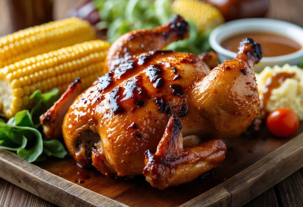 A plate with BBQ chicken, corn on the cob, mashed potatoes with gravy, and a green salad on a wooden table.