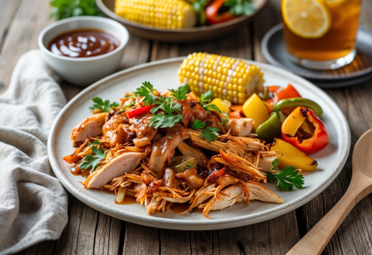 Plate of shredded BBQ chicken with roasted vegetables and a bowl of BBQ sauce on a wooden table.