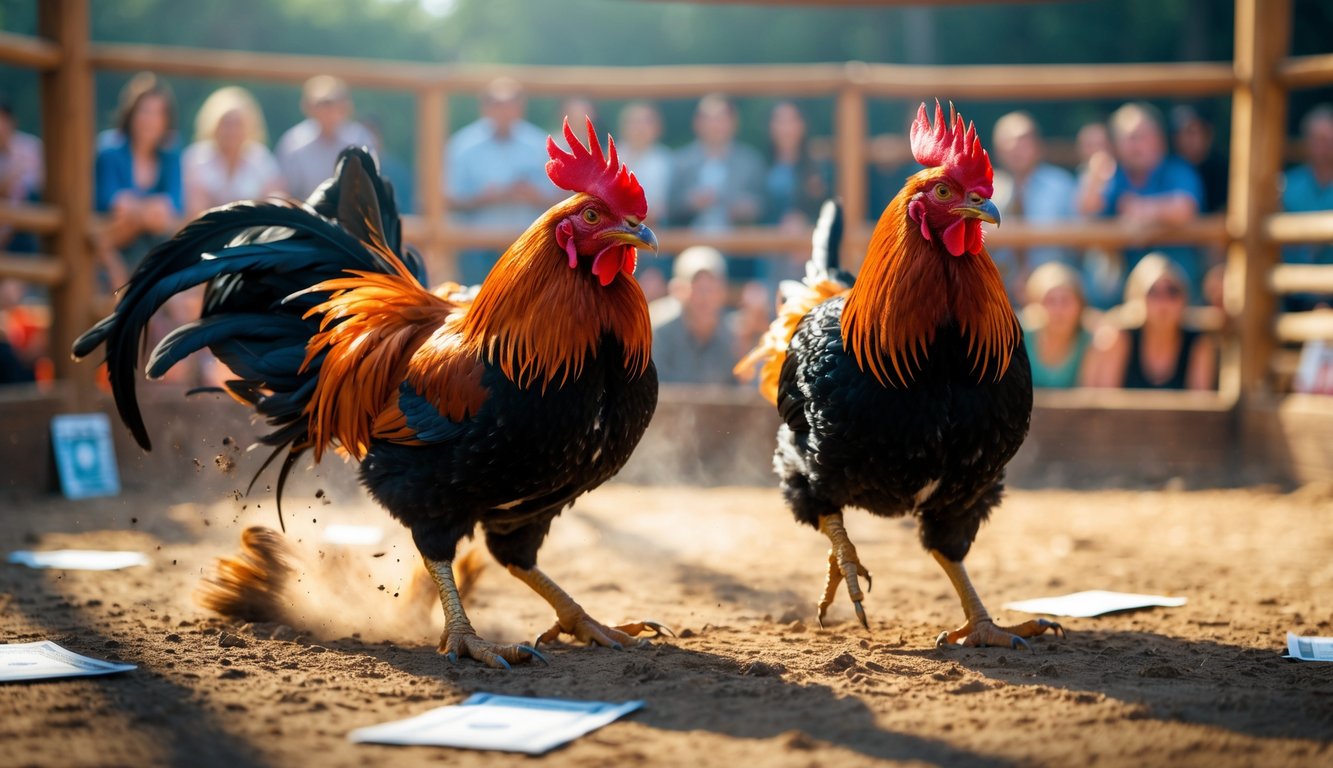 Dua ayam jago sedang bertarung di arena dengan penonton di latar belakang.