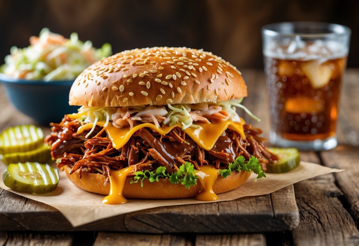 A BBQ sandwich with shredded beef, melted cheese, lettuce, and pickles on a sesame bun on a wooden table with a bowl of coleslaw and a glass of soda nearby.
