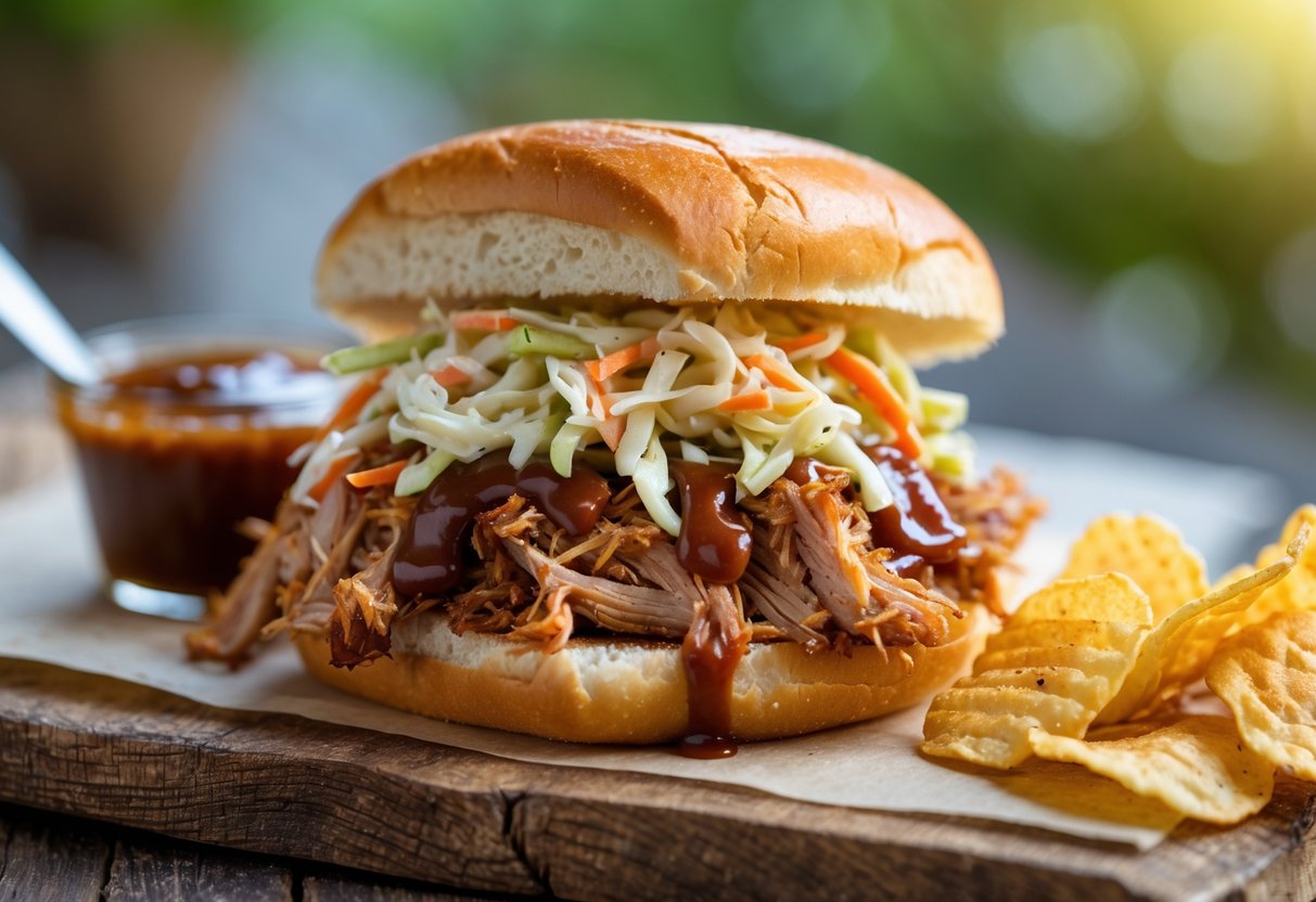 A BBQ pulled pork sandwich with coleslaw on a toasted bun, served on a wooden board with potato chips and barbecue sauce.